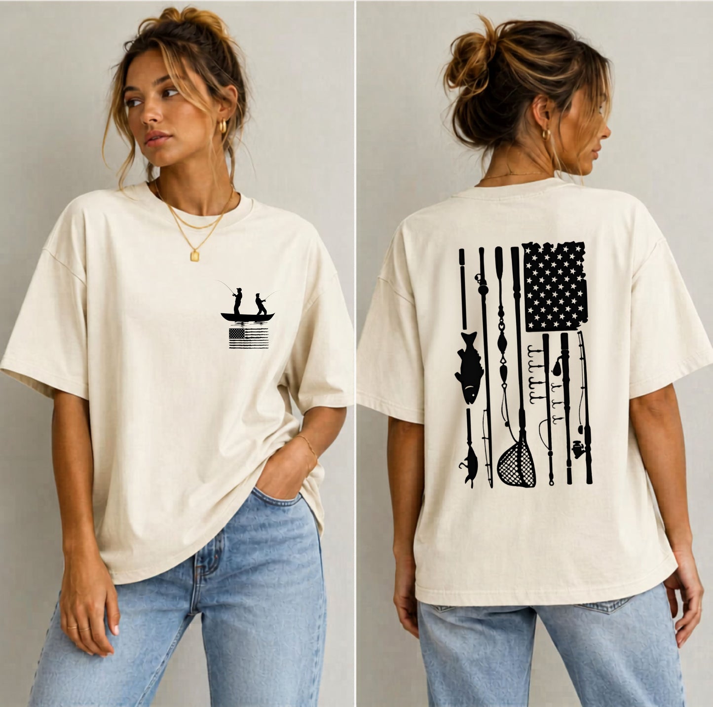 Fishing Flag T-Shirt in Ivoryr color— American flag fishing graphic tee, front view