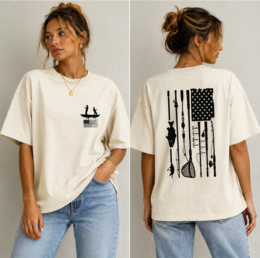 Fishing Flag T-Shirt in Ivoryr color— American flag fishing graphic tee, front view