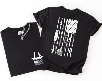 Fishing Flag T-Shirt in black  color— American flag fishing graphic tee, front view