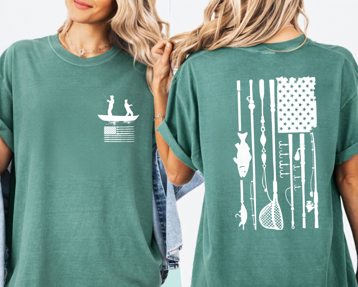 Fishing Flag T-Shirt in light green color— American flag fishing graphic tee, front view