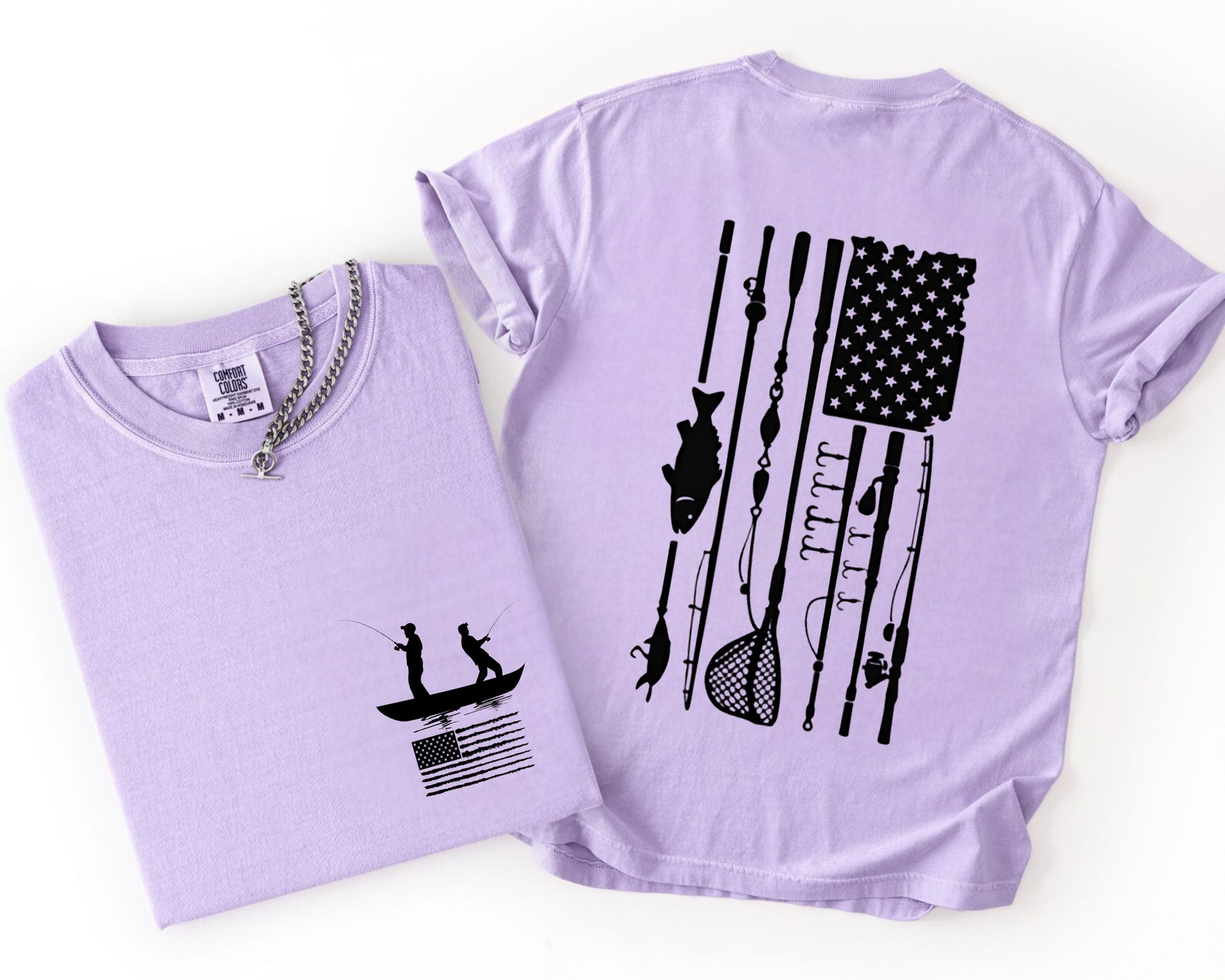 Fishing Flag T-Shirt in orchid color— American flag fishing graphic tee, front view