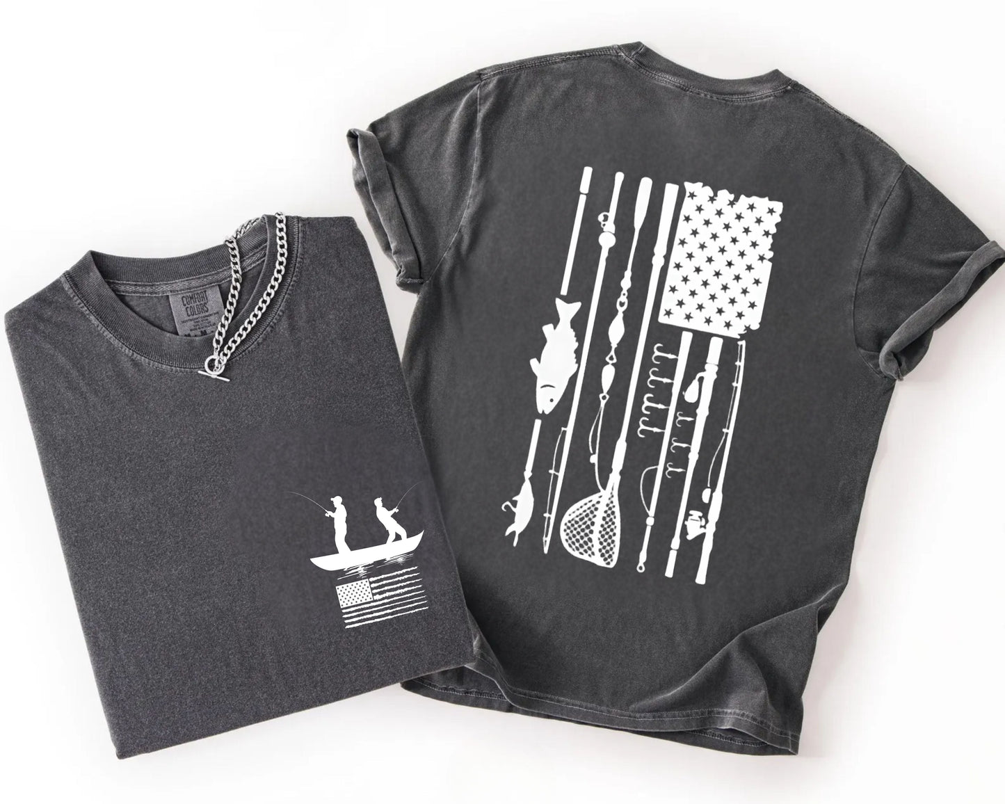 Fishing Flag T-Shirt in pepper color— American flag fishing graphic tee, front view