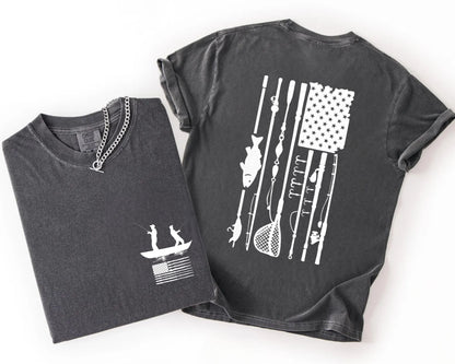 Fishing Flag T-Shirt in pepper color— American flag fishing graphic tee, front view