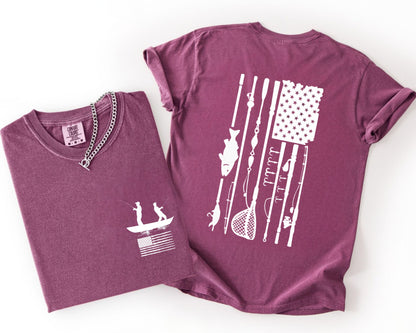Fishing Flag T-Shirt in Berry — American fishing gear graphic tee, front view