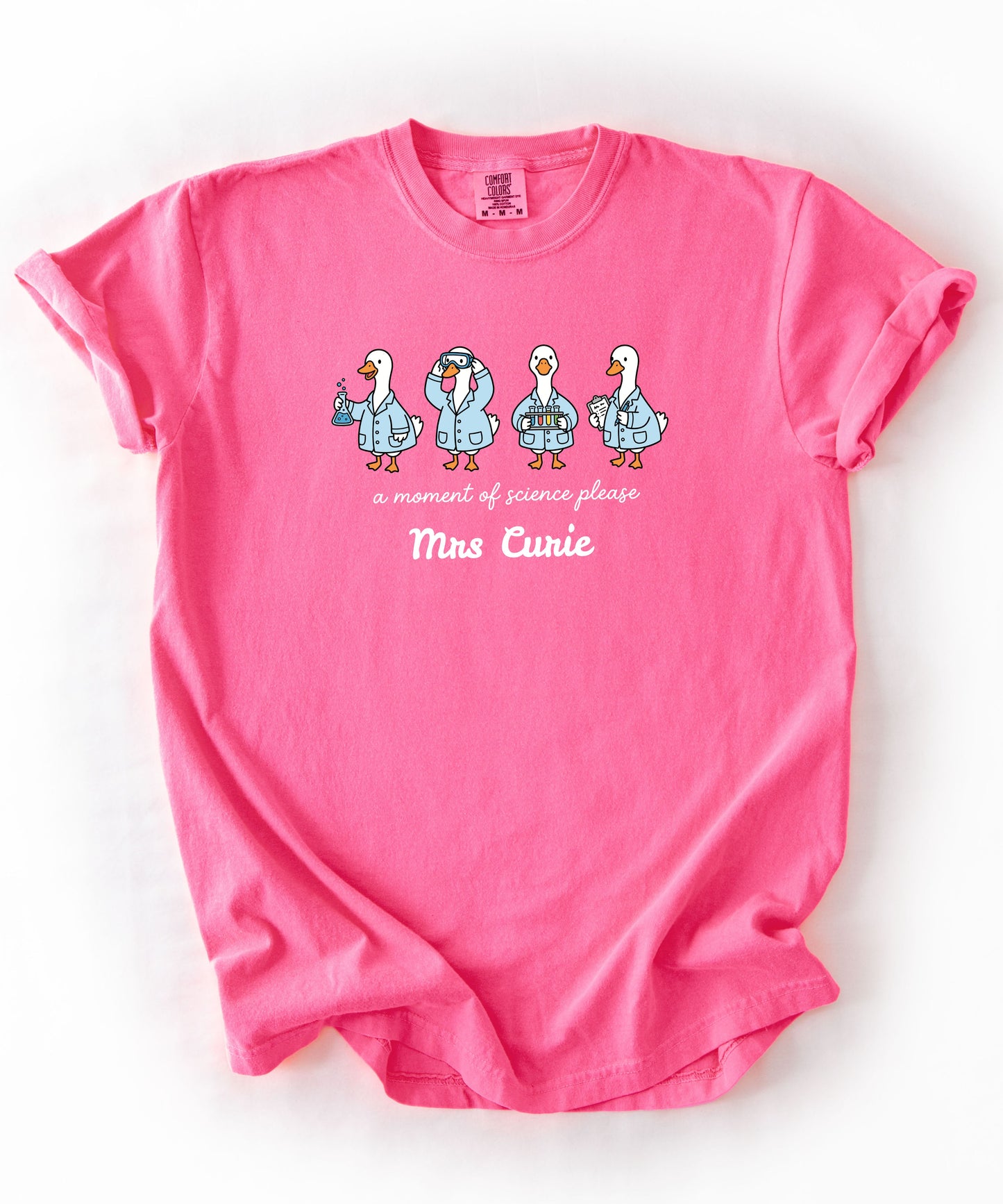 Personalized science goose t-shirt in neon pink — funny lab illustration tee	