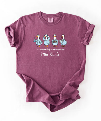 Personalized science goose t-shirt in Berry — funny lab illustration tee	