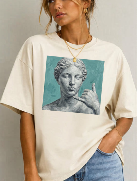 Classical Statue Call Me t-shirt in Ivory — funny art shirt garment-dyed cotton
