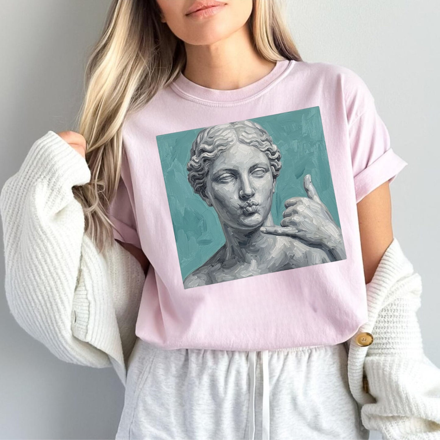 Classical Statue Call Me t-shirt in Blossom — funny art shirt garment-dyed cotton
