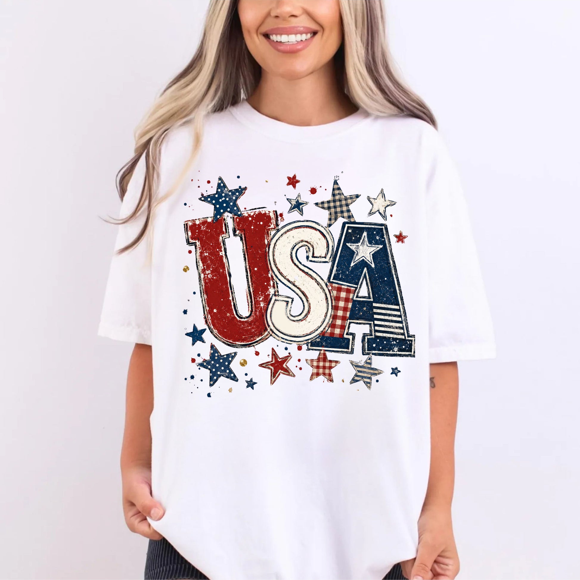 USA Patriotic graphic t-shirt in white — garment-dyed unisex tee with distressed stars and stripes

