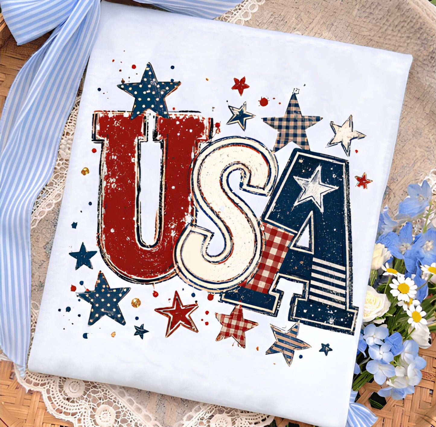 USA Patriotic graphic t-shirt  in white— garment-dyed unisex tee with distressed stars and stripes


