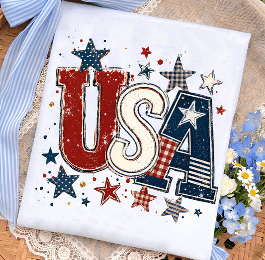 USA Patriotic graphic t-shirt  in white— garment-dyed unisex tee with distressed stars and stripes

