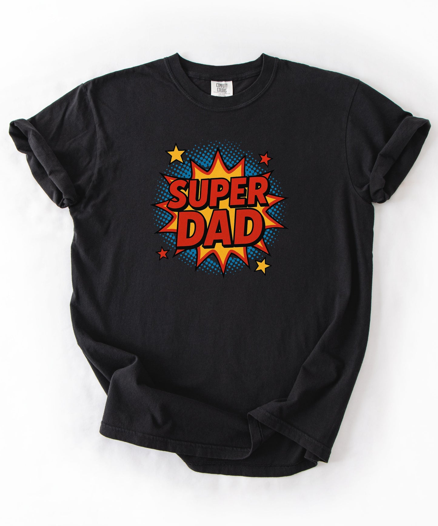 Super Dad comic graphic t-shirt in black — bold SUPER DAD burst graphic, Comfort Colors 1717
