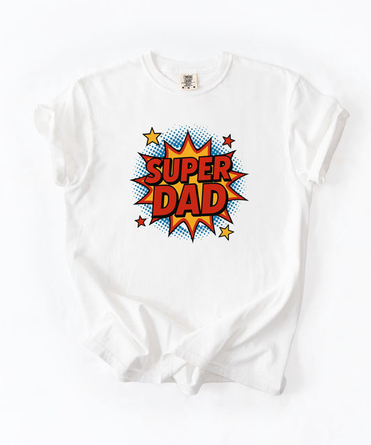 Super Dad comic graphic t-shirt in White — bold SUPER DAD burst graphic, Comfort Colors 1717
