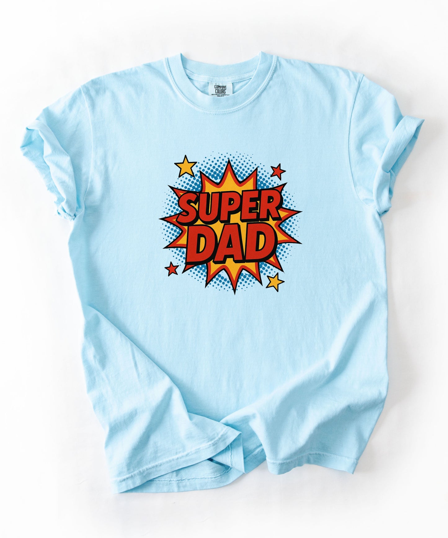 Super Dad comic graphic t-shirt in chambray — bold SUPER DAD burst graphic, Comfort Colors 1717
