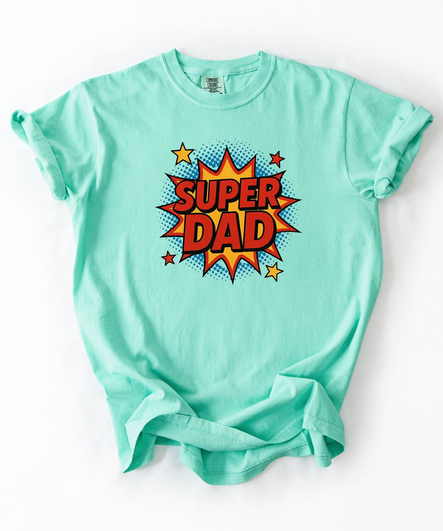 Super Dad comic graphic t-shirt in island reef — bold SUPER DAD burst graphic, Comfort Colors 1717
