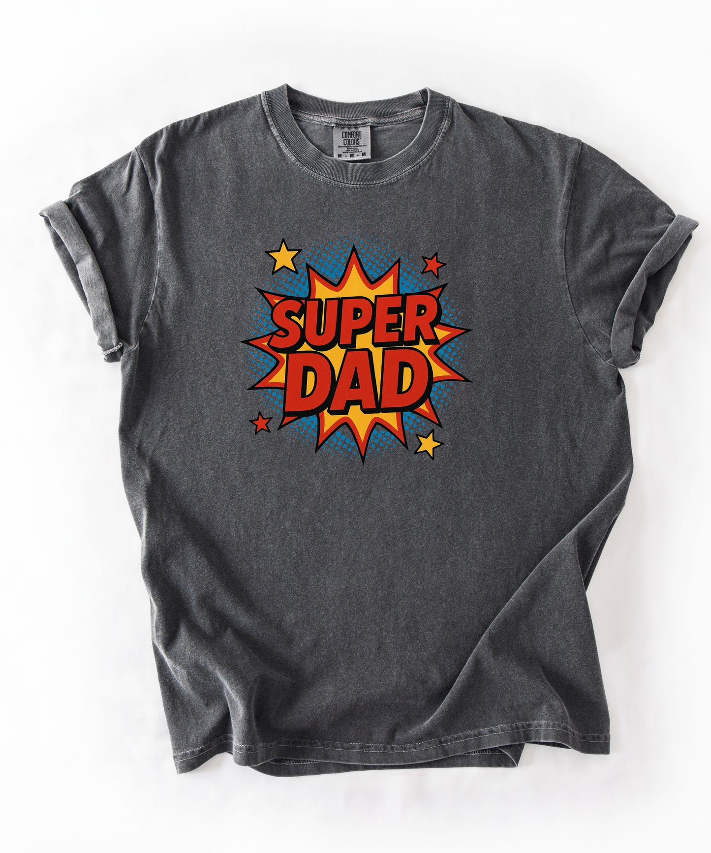 Super Dad comic graphic t-shirt in pepper — bold SUPER DAD burst graphic, Comfort Colors 1717
