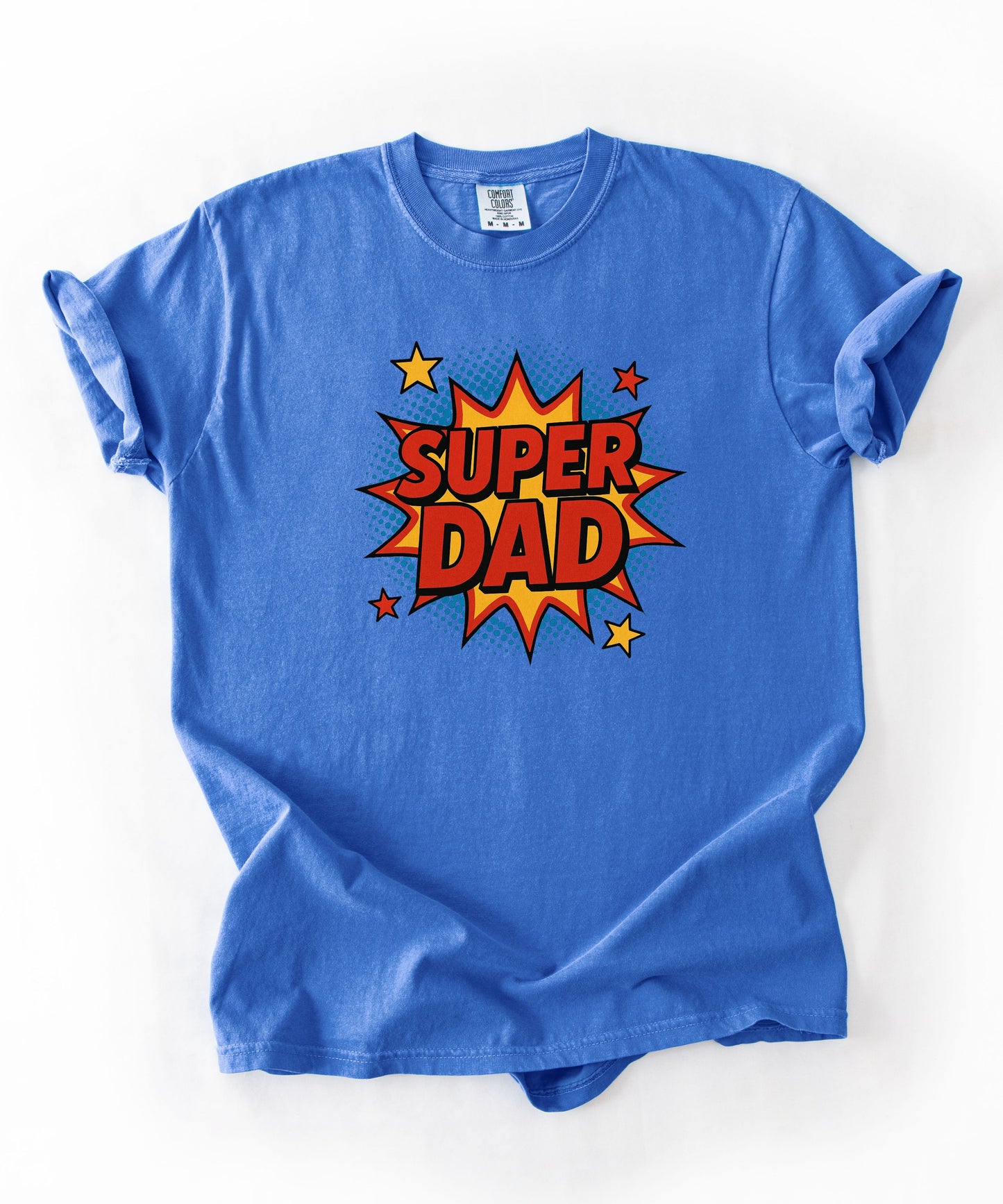 Super Dad comic graphic t-shirt in flo blue — bold SUPER DAD burst graphic, Comfort Colors 1717

