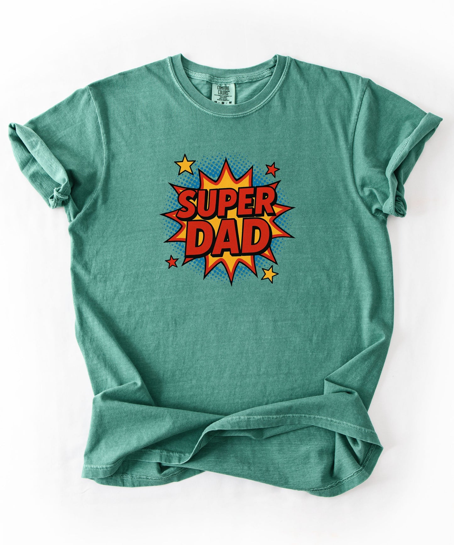Super Dad comic graphic t-shirt in light green — bold SUPER DAD burst graphic, Comfort Colors 1717
