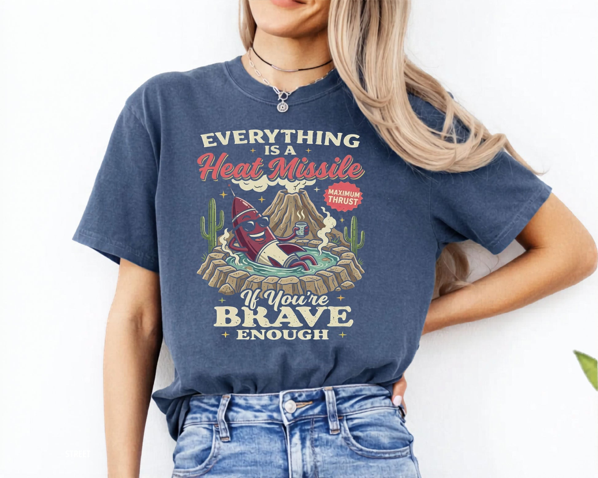 Everything Is a Heat Missile If You're Brave Enough graphic tee in denim — retro desert rocket design, Comfort Colors 1717
