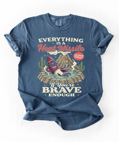 Everything Is a Heat Missile If You're Brave Enough graphic tee in denim — retro desert rocket design, Comfort Colors 1717
