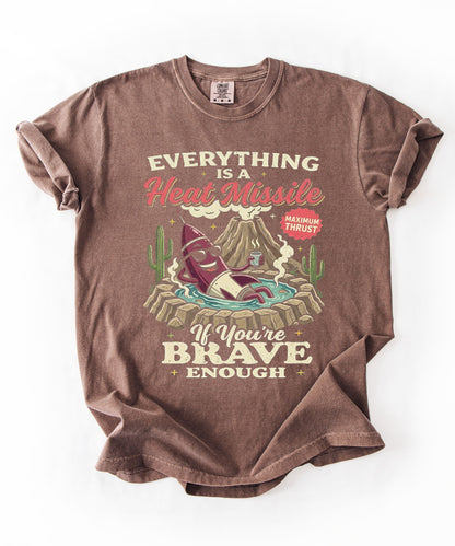 Everything Is a Heat Missile If You're Brave Enough graphic tee in Espresso — retro desert rocket design, Comfort Colors 1717
