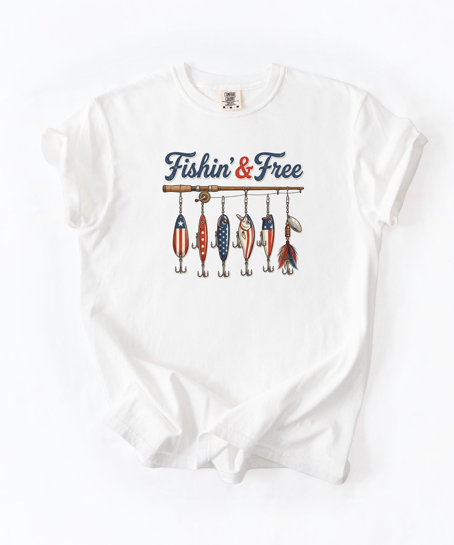 White t-shirt with 'Fishin' & Free' graphic design on a white background