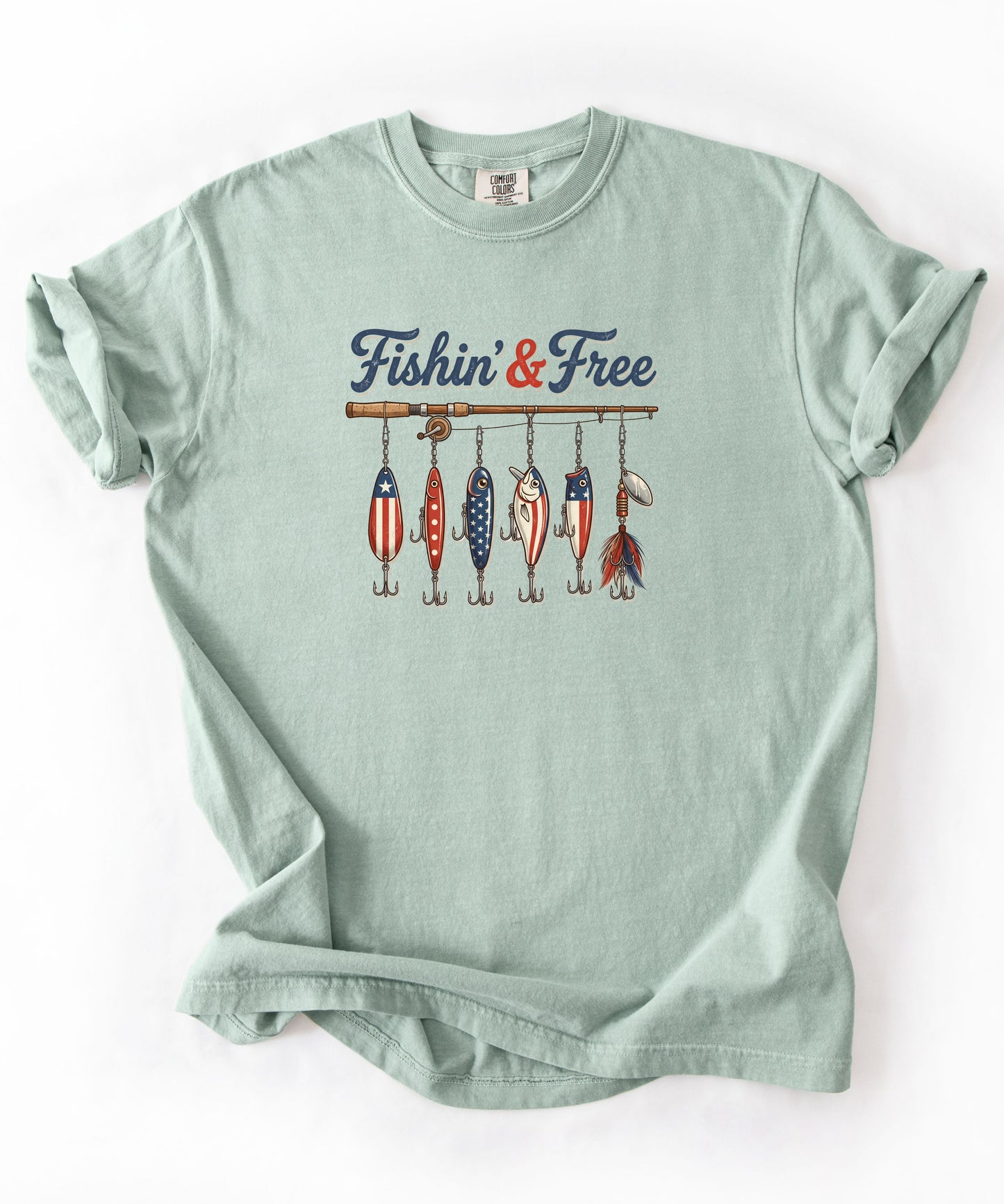 Bay t-shirt with 'Fishin' & Free' graphic design on a white background
