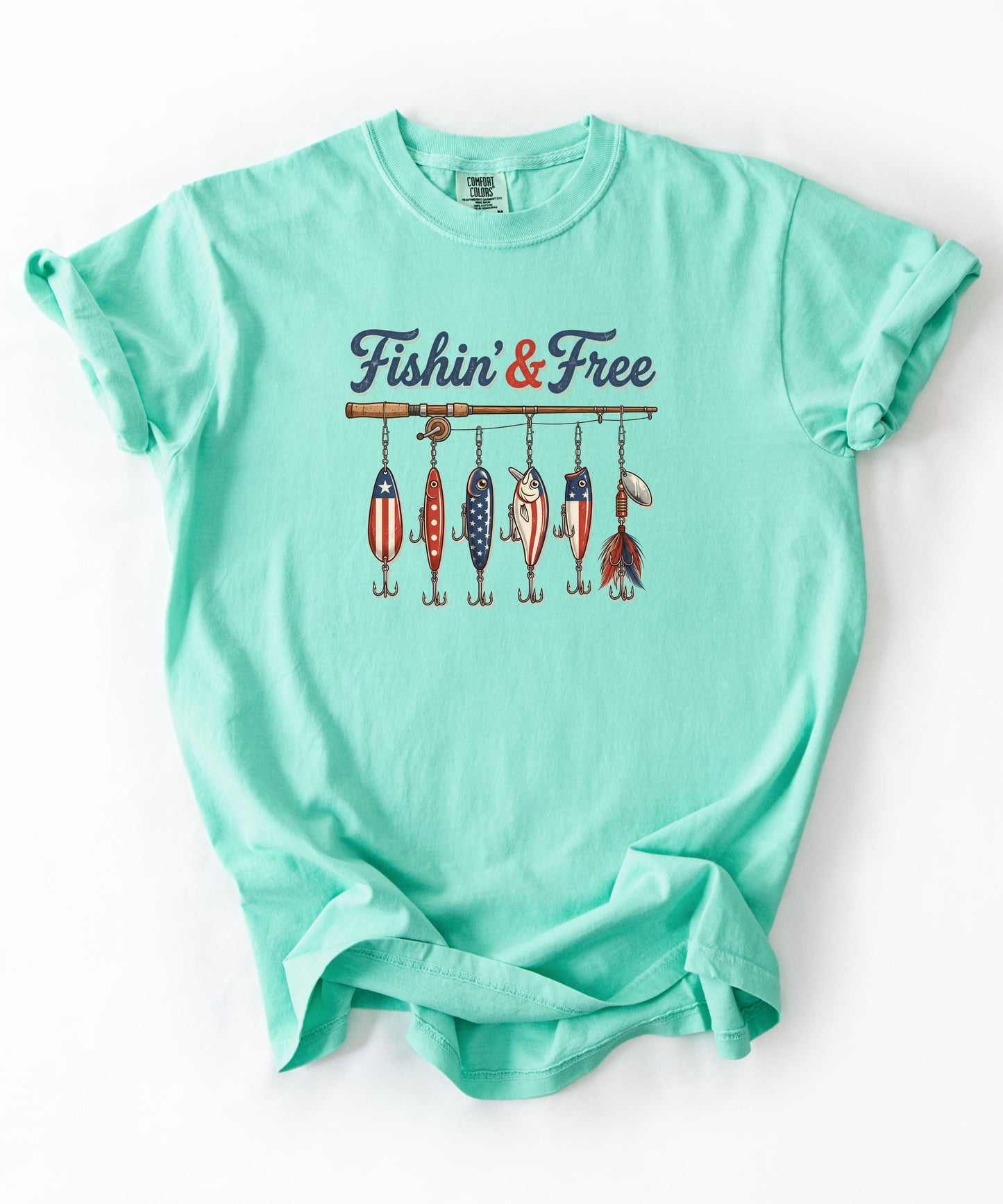 island reef green t-shirt with 'Fishin' & Free' graphic on a white background