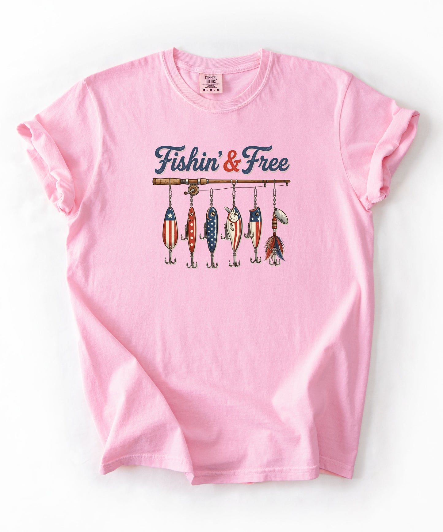 Blossom t-shirt with 'Fishin' & Free' graphic design on a white background