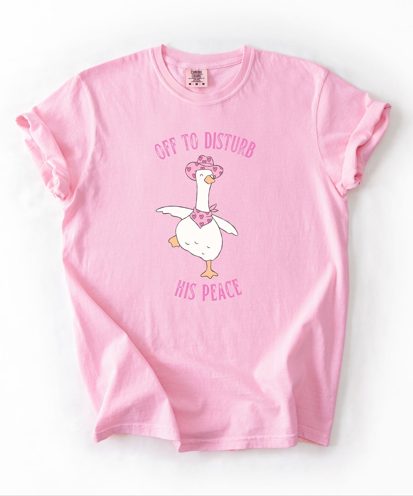 Off to Disturb His Peace silly goose graphic tee in Pink — funny meme t-shirt, Comfort Colors 1717
