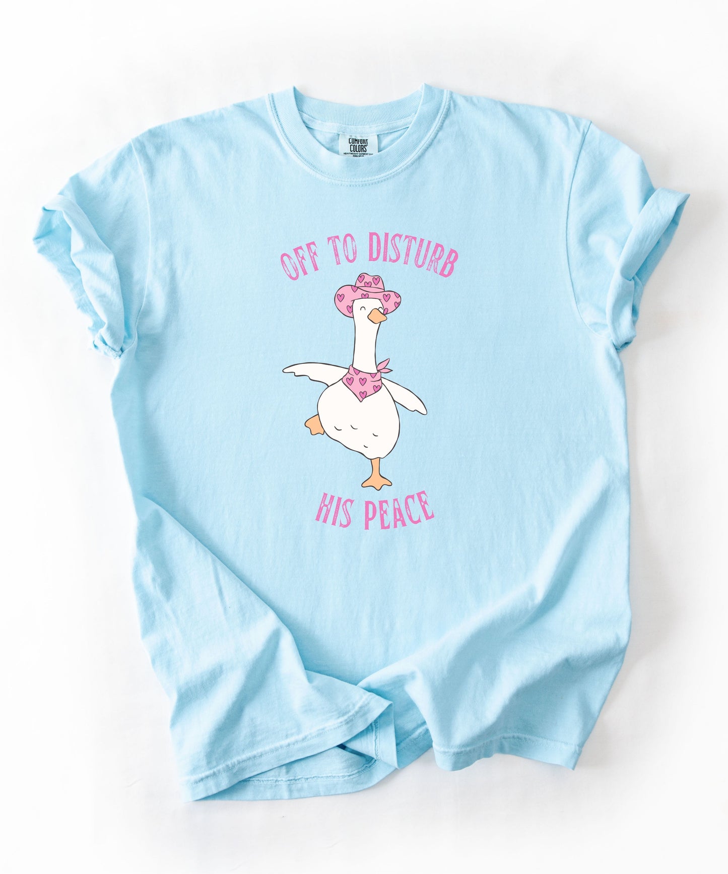 Off to Disturb His Peace silly goose graphic tee in Chambray — funny meme t-shirt, Comfort Colors 1717
