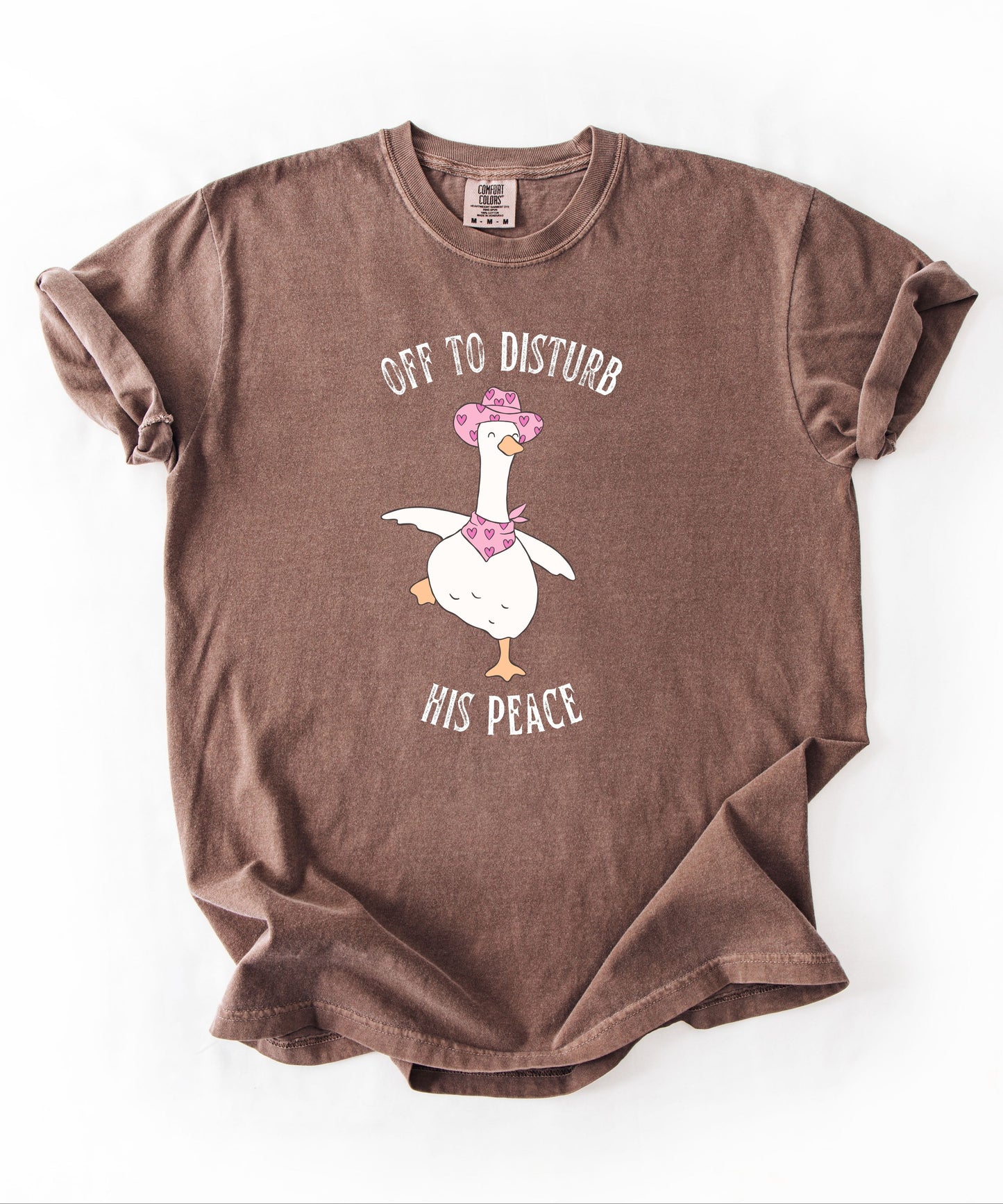 Off to Disturb His Peace silly goose graphic tee in Espresso— funny meme t-shirt, Comfort Colors 1717
