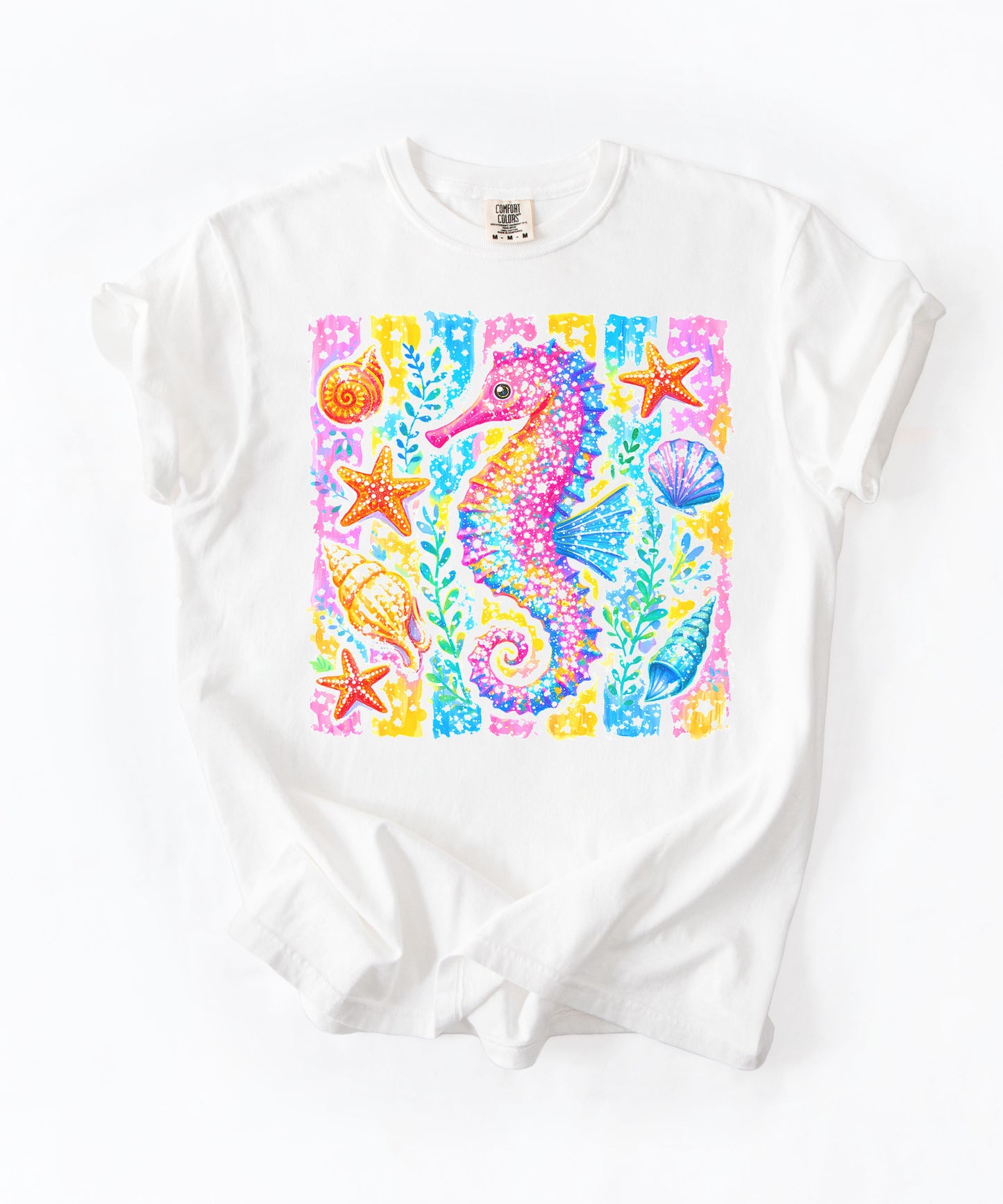 Seahorse Beach Art T-Shirt in White — watercolor seahorse with shells and starfish graphic, garment-dyed comfort colors tee
