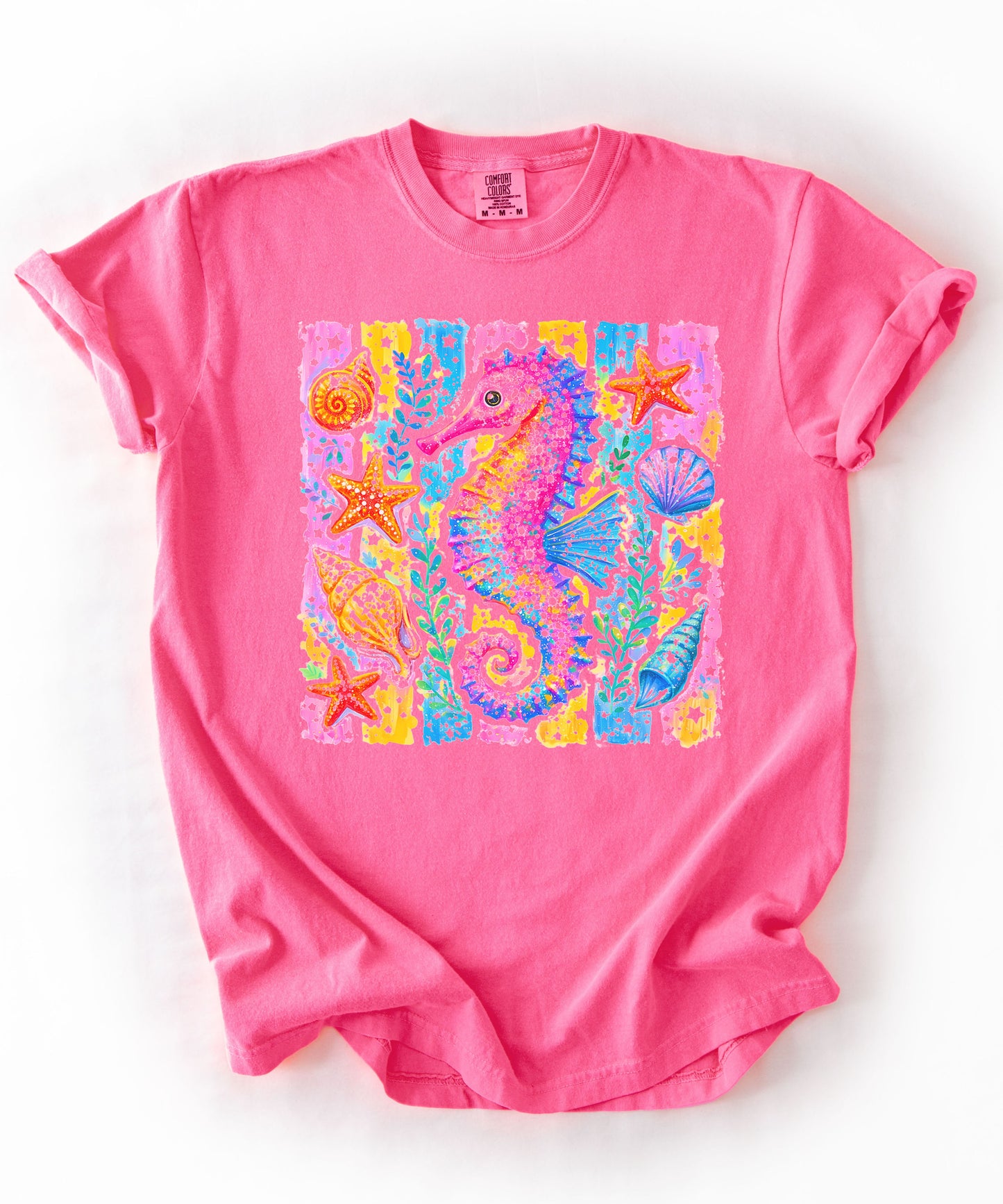 Seahorse Beach Art T-Shirt in Crunchberry — watercolor seahorse with shells and starfish graphic, garment-dyed comfort colors tee
