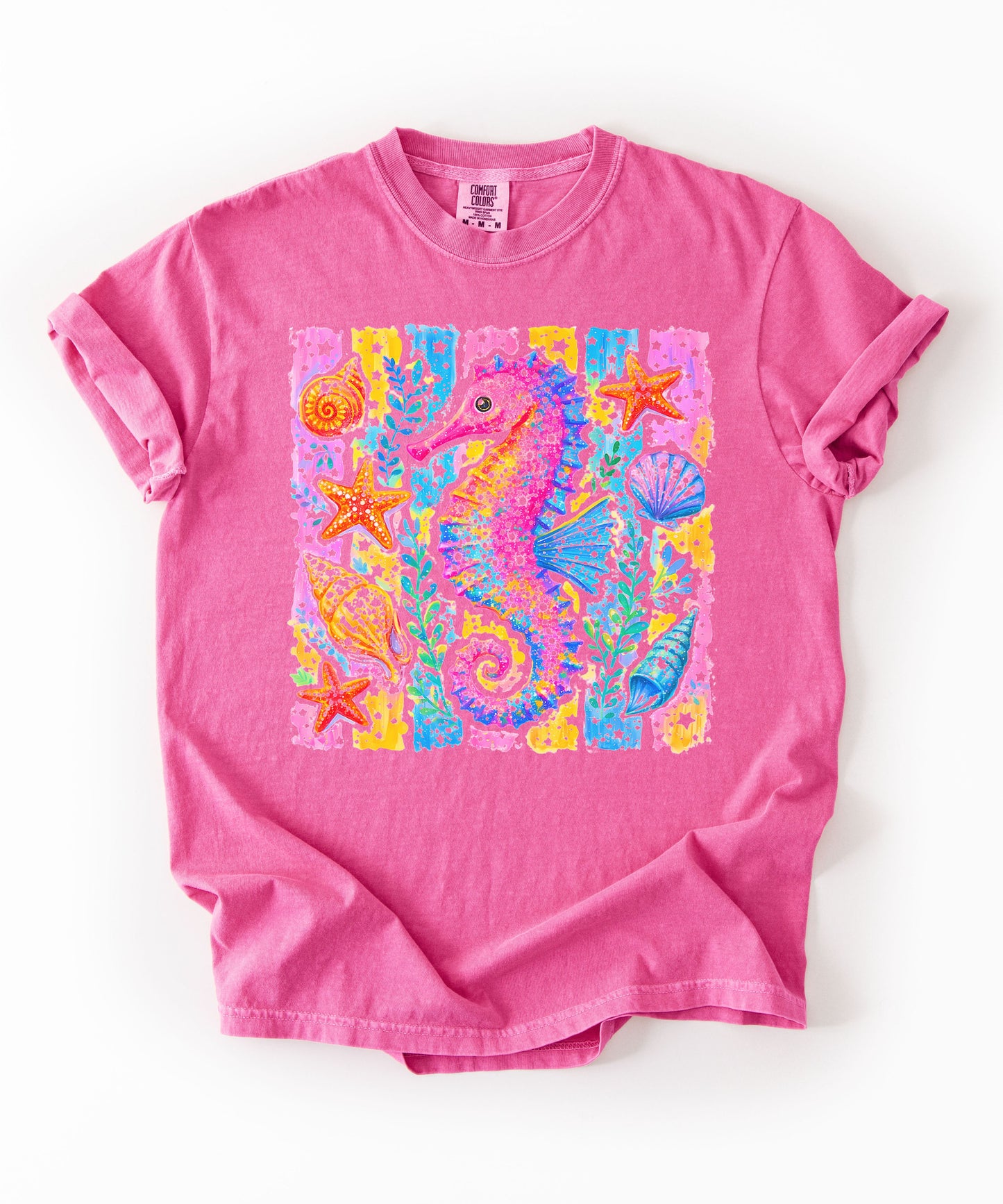 Seahorse Beach Art T-Shirt in crunchberry— watercolor seahorse with shells and starfish graphic, garment-dyed comfort colors tee
