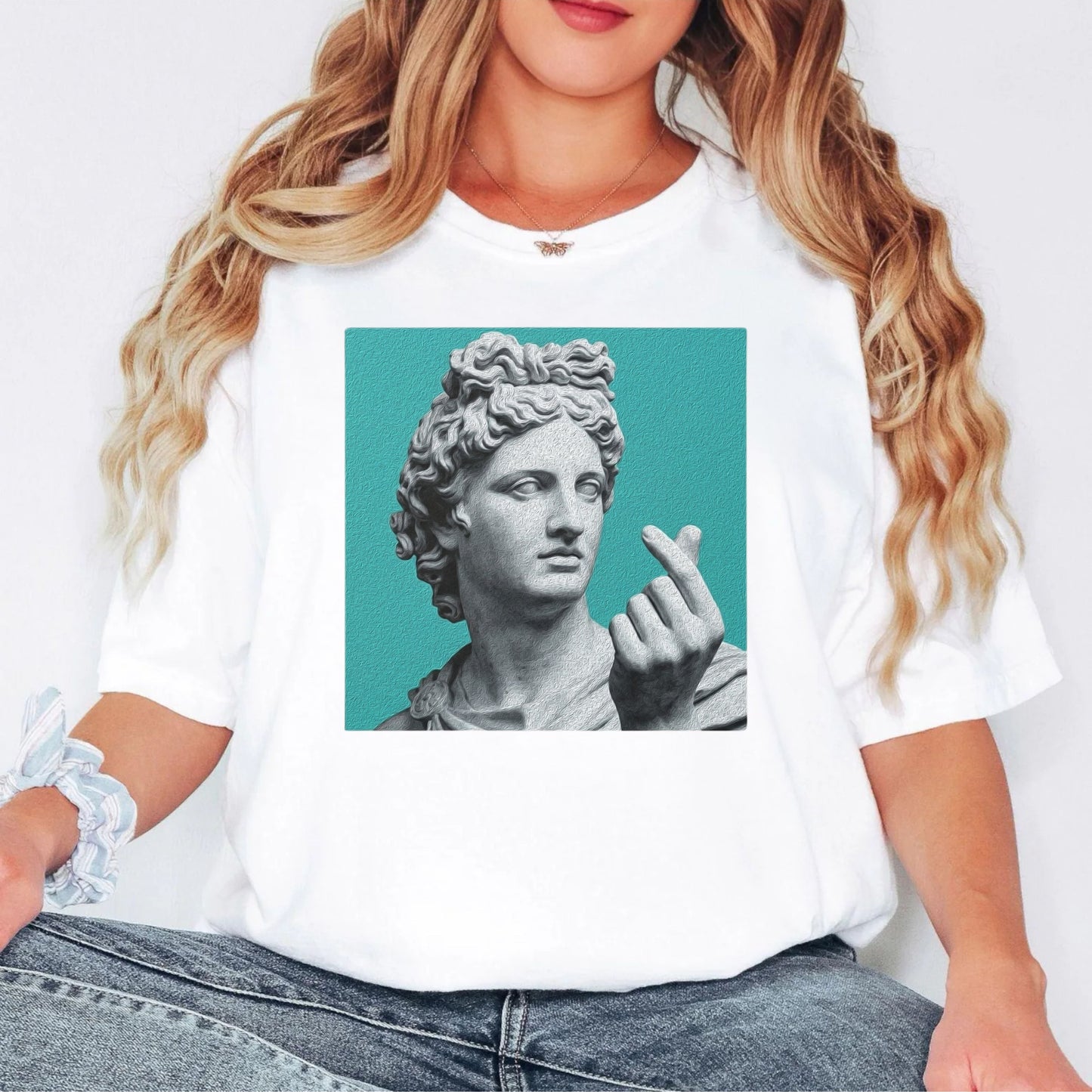 Statue Heart Gesture T-Shirt in White — marble statue heart gesture graphic, vintage art garment-dyed tee