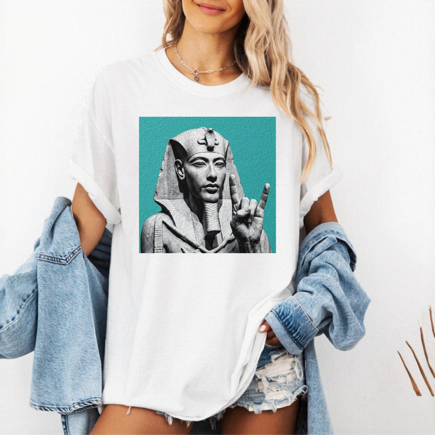 Egyptian Pharaoh Graphic T-Shirt in White — vintage ancient Egypt statue print, garment-dyed Comfort Colors 1717
