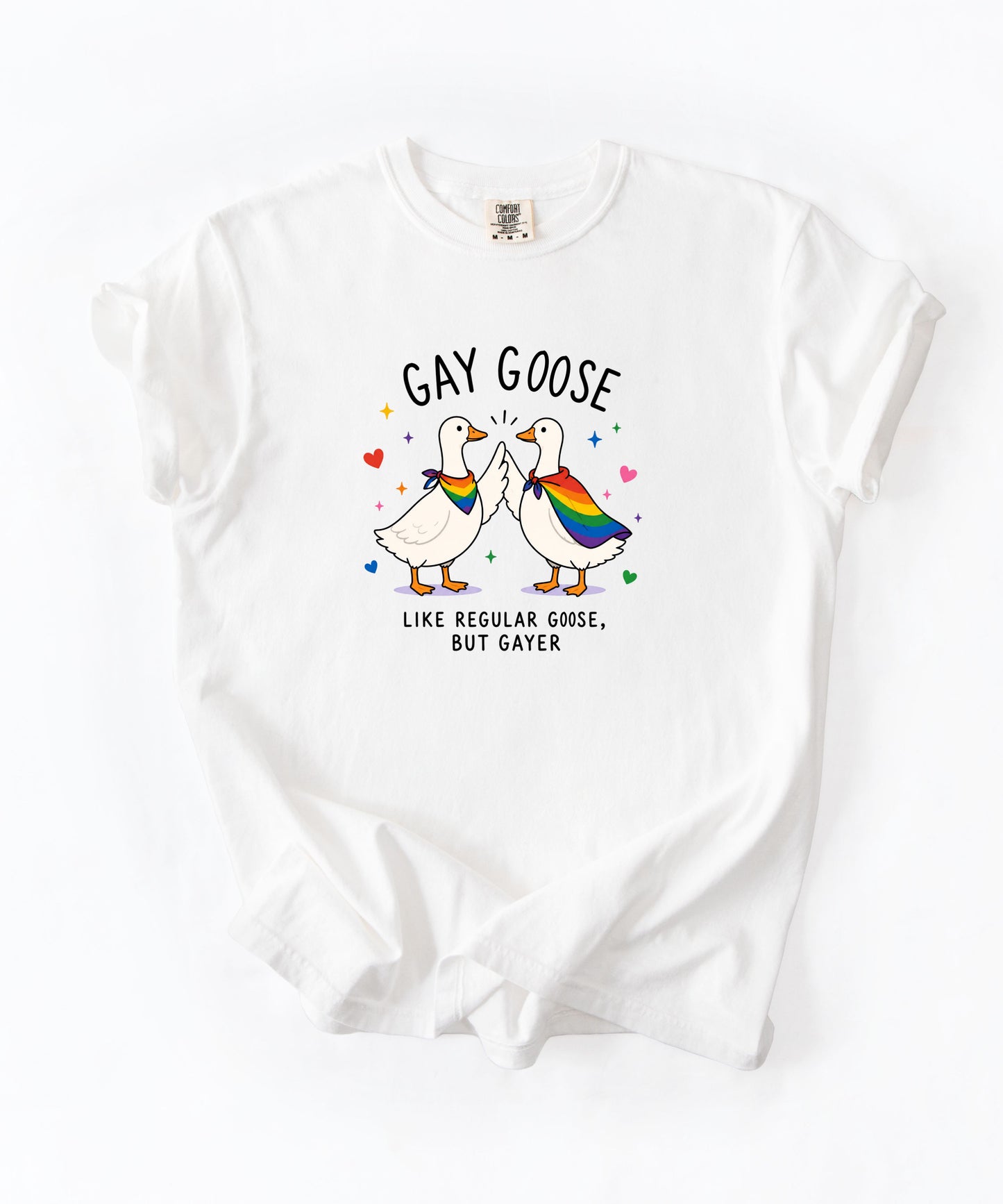 Gay Goose T-Shirt in White — cute rainbow LGBTQ+ pride tee, garment-dyed Comfort Colors 1717

