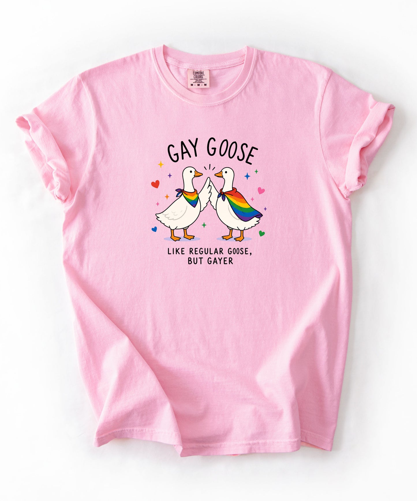 Gay Goose T-Shirt in Blossom — cute rainbow LGBTQ+ pride tee, garment-dyed Comfort Colors 1717
