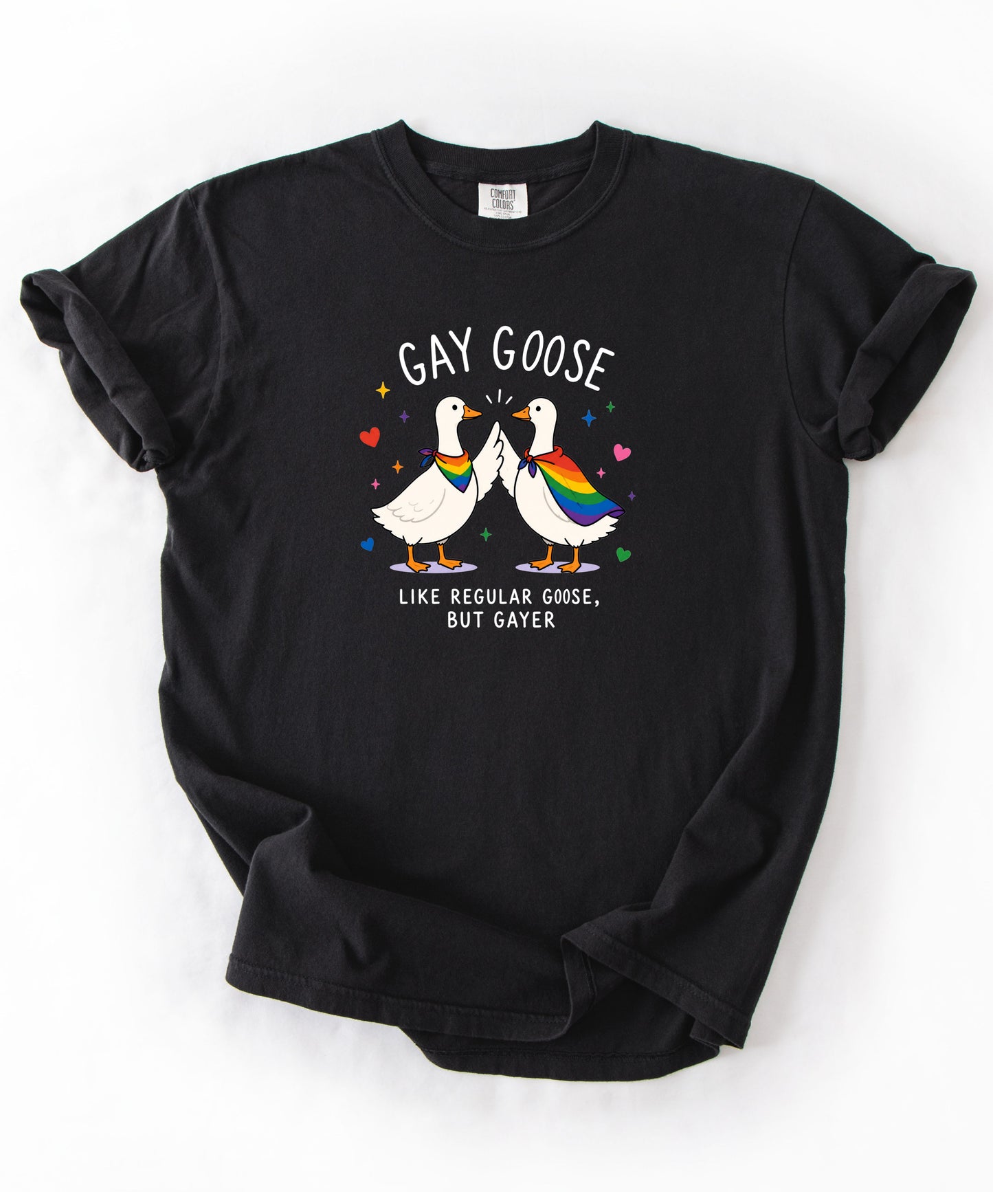 Gay Goose T-Shirt in Black — cute rainbow LGBTQ+ pride tee, garment-dyed Comfort Colors 1717
