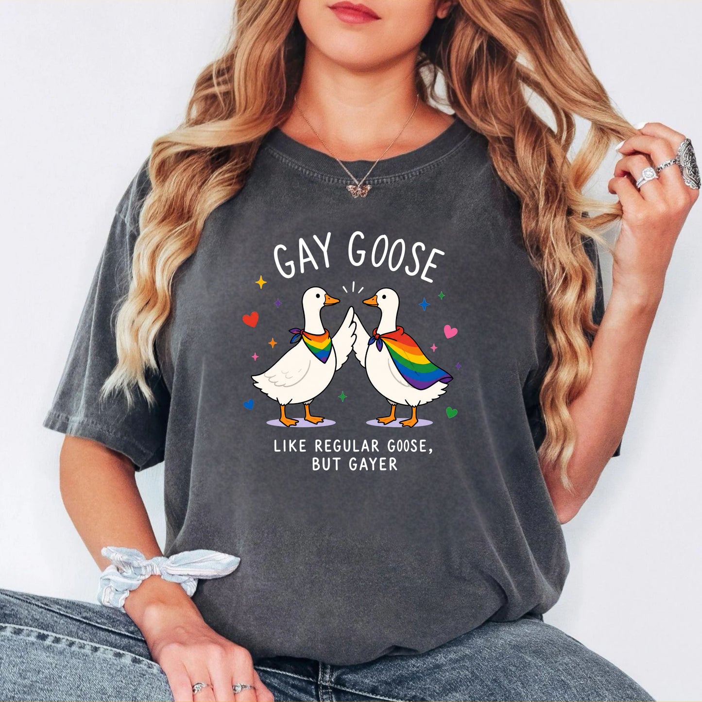 Gay Goose T-Shirt in Pepper — cute rainbow LGBTQ+ pride tee, garment-dyed Comfort Colors 1717

