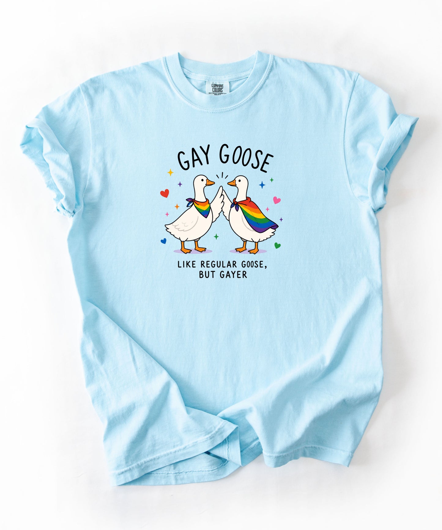Gay Goose T-Shirt in Chambray — cute rainbow LGBTQ+ pride tee, garment-dyed Comfort Colors 1717
