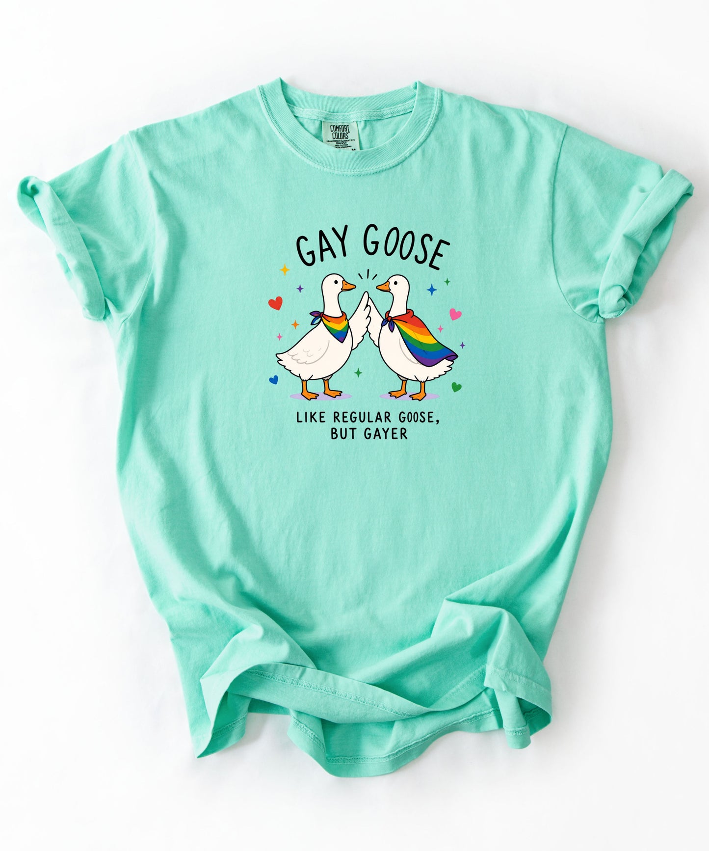 Gay Goose T-Shirt in Island reef — cute rainbow LGBTQ+ pride tee, garment-dyed Comfort Colors 1717

