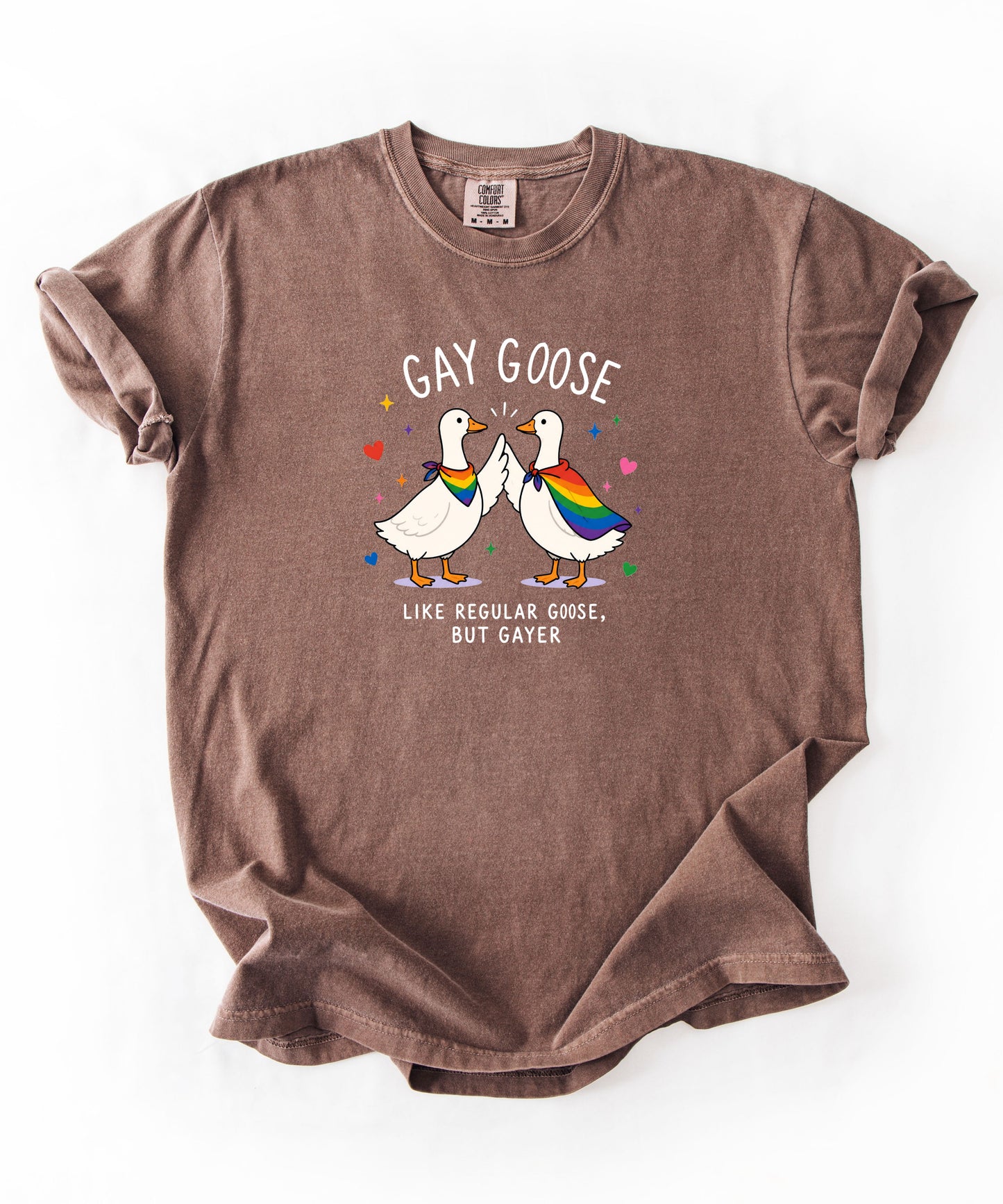 Gay Goose T-Shirt in Espresso — cute rainbow LGBTQ+ pride tee, garment-dyed Comfort Colors 1717
