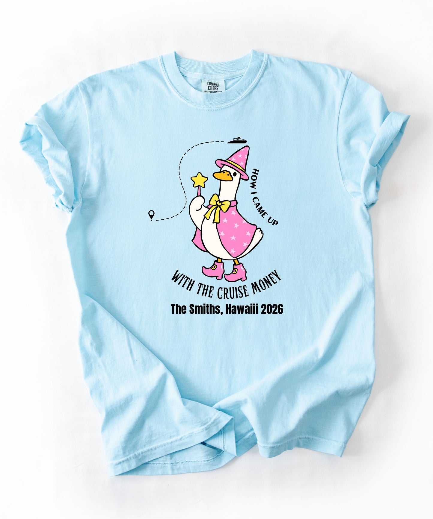 Silly Goose Cruise Money T-Shirt in Chambray — funny cruise graphic tee, garment-dyed Comfort Colors 1717
