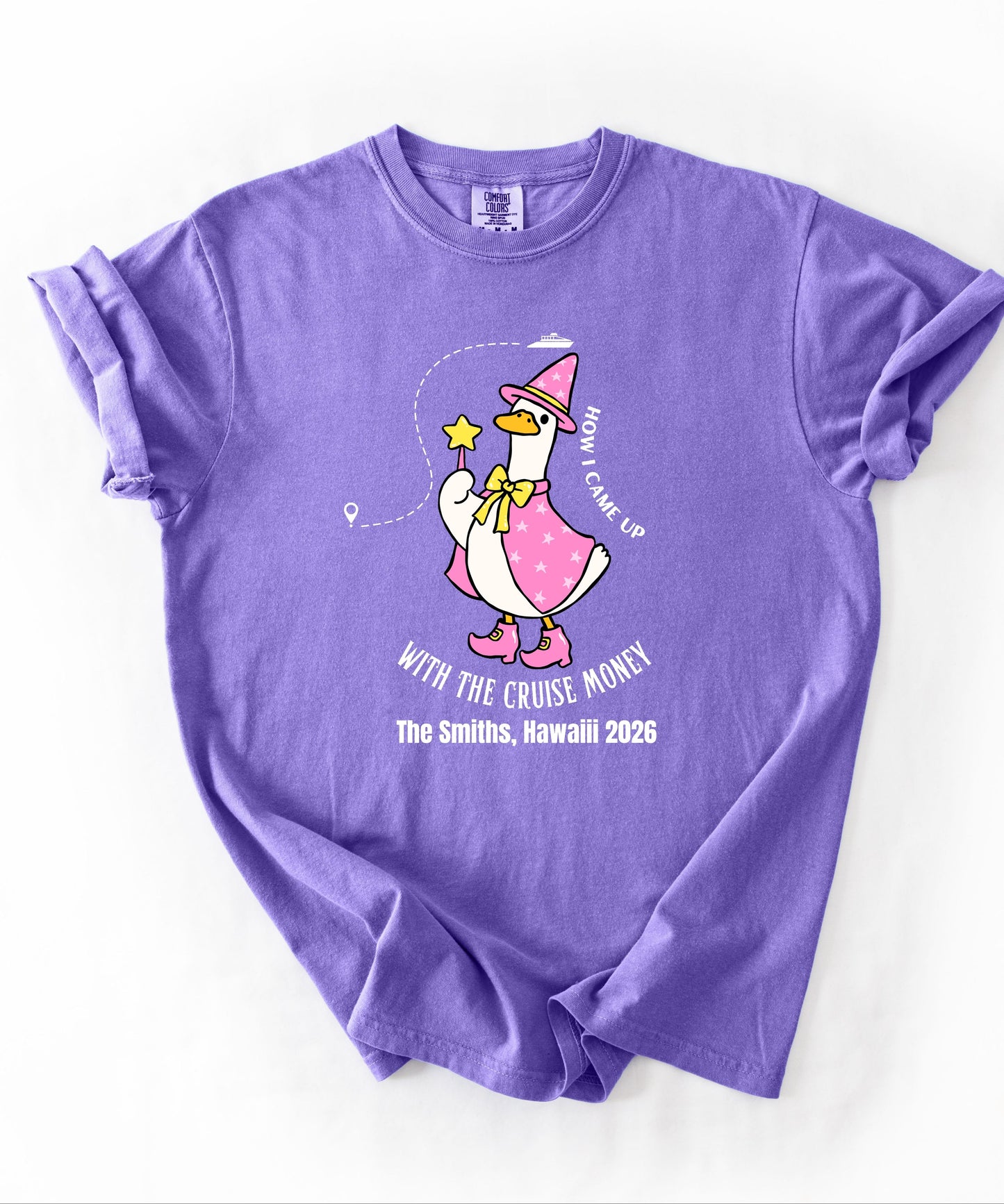 Silly Goose Cruise Money T-Shirt in Violet — funny cruise graphic tee, garment-dyed Comfort Colors 1717
