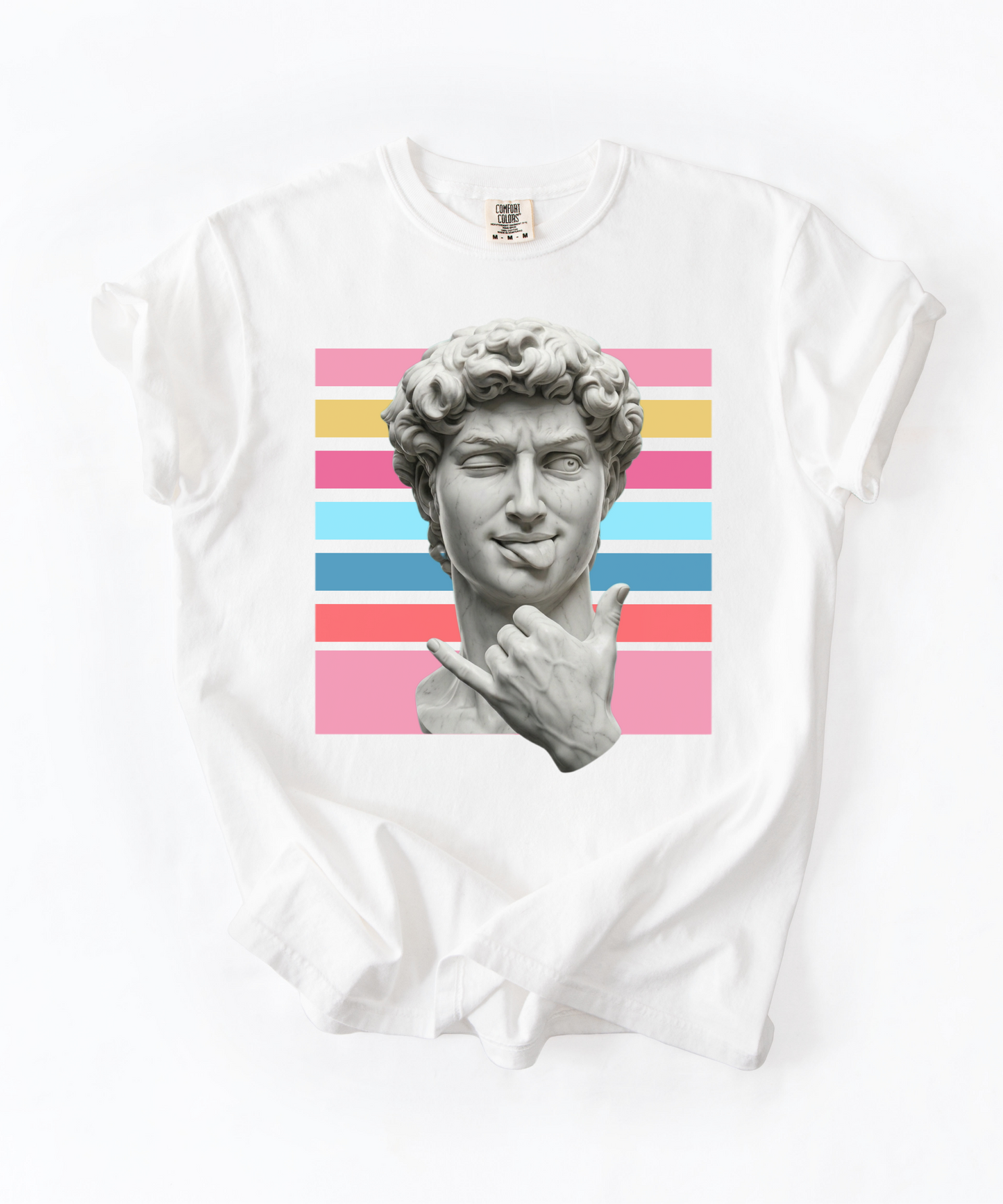 Winking David Statue Graphic T-Shirt — Retro Art Tee with Color Stripe