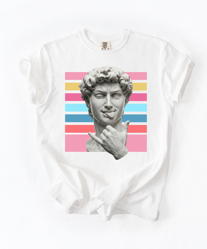 Winking David Statue Graphic T-Shirt — Retro Art Tee with Color Stripe