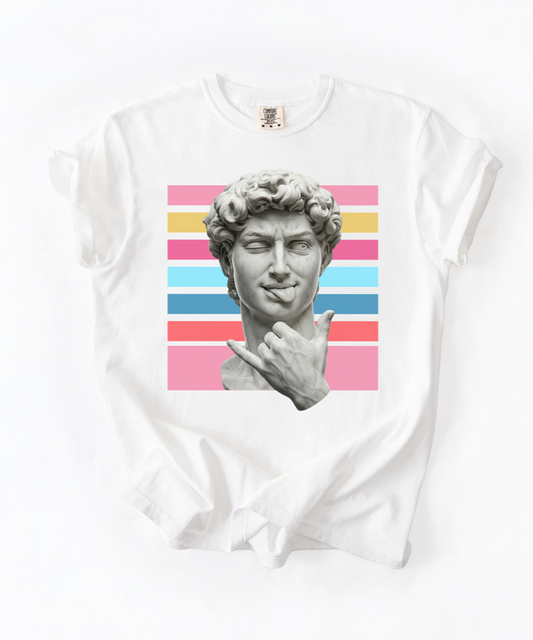 Winking David Statue Graphic T-Shirt — Retro Art Tee with Color Stripe