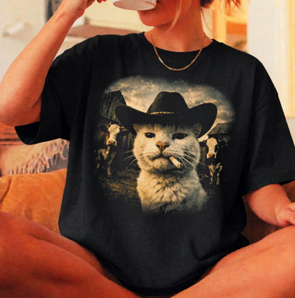  Cowboy cat graphic t-shirt in black — garment-dyed heavyweight tee with western ranch print, front view

